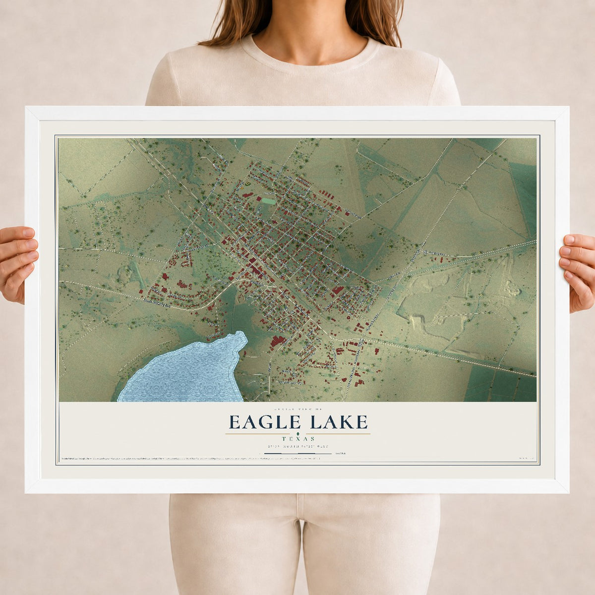 Map of Eagle Lake, Texas, 18 x 24 inch print in a white wood frame