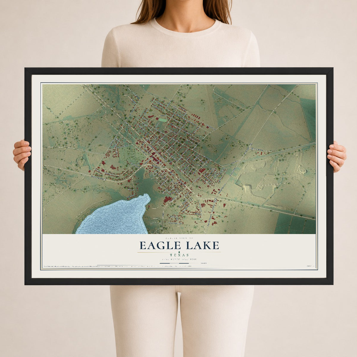 Map of Eagle Lake, Texas, 24 x 36 inch print in a black wood frame