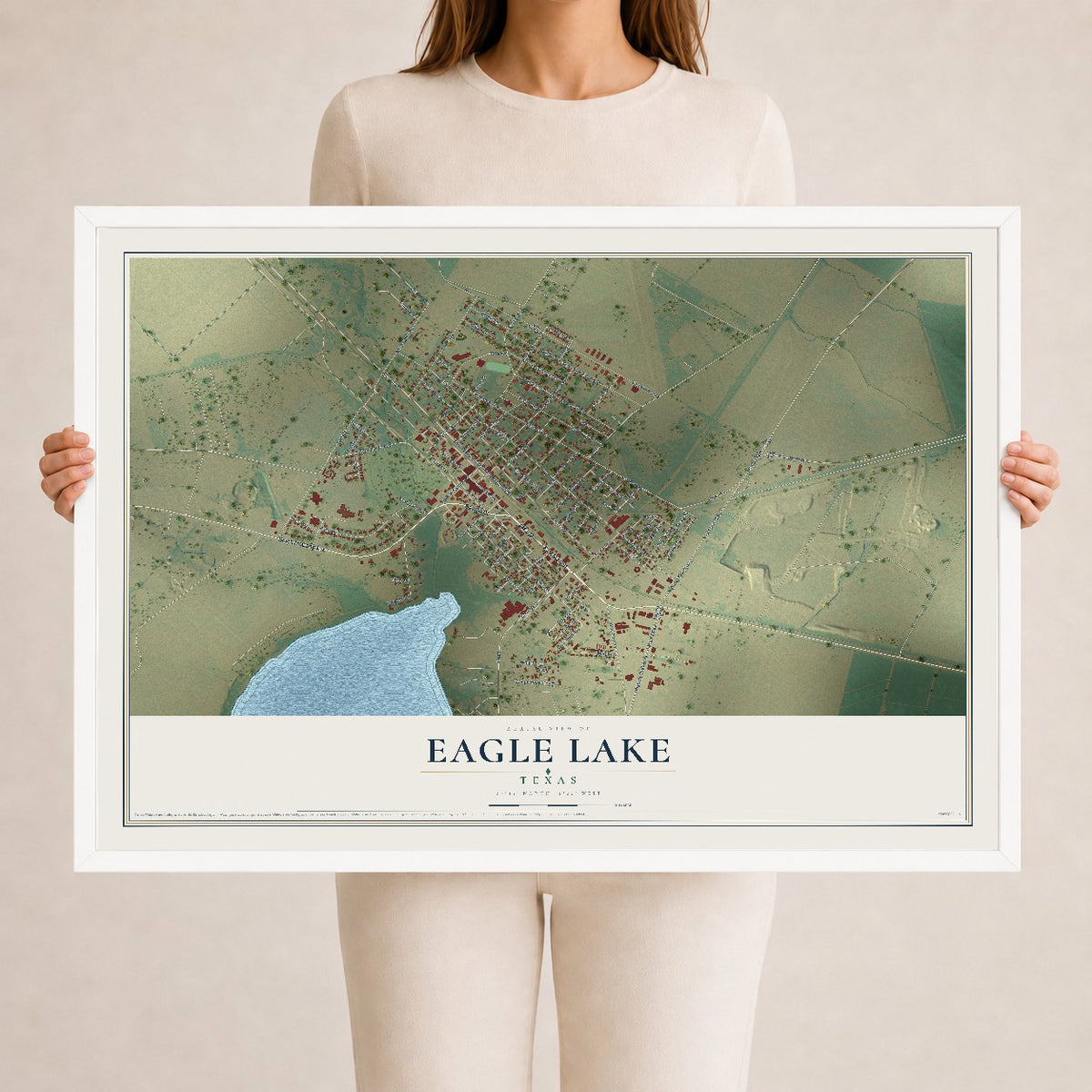 Map of Eagle Lake, Texas, 24 x 36 inch print in a white wood frame