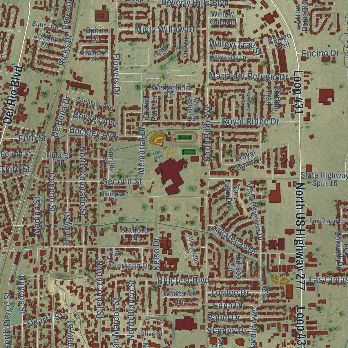 Close-up of the map of Eagle Pass, Texas print showing street and building detail