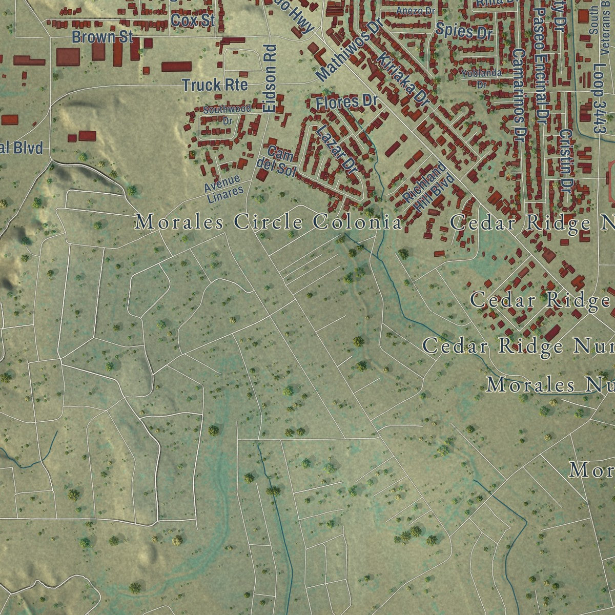 Second close-up of the map of Eagle Pass, Texas print showing more streets and buildings