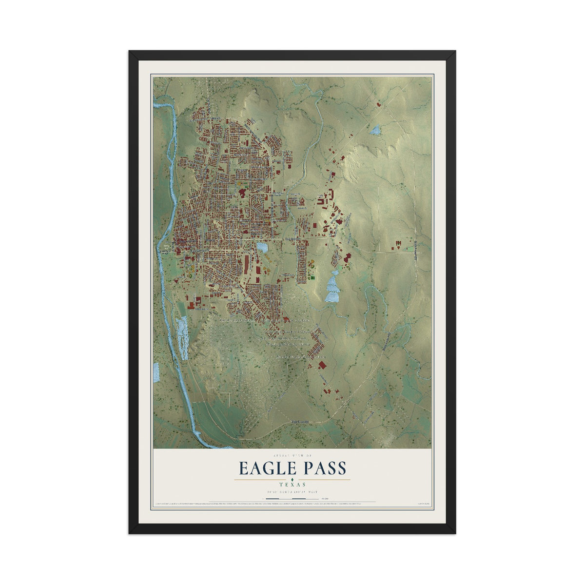 Map of Eagle Pass, Texas, 12 x 18 inch print in a black wood frame