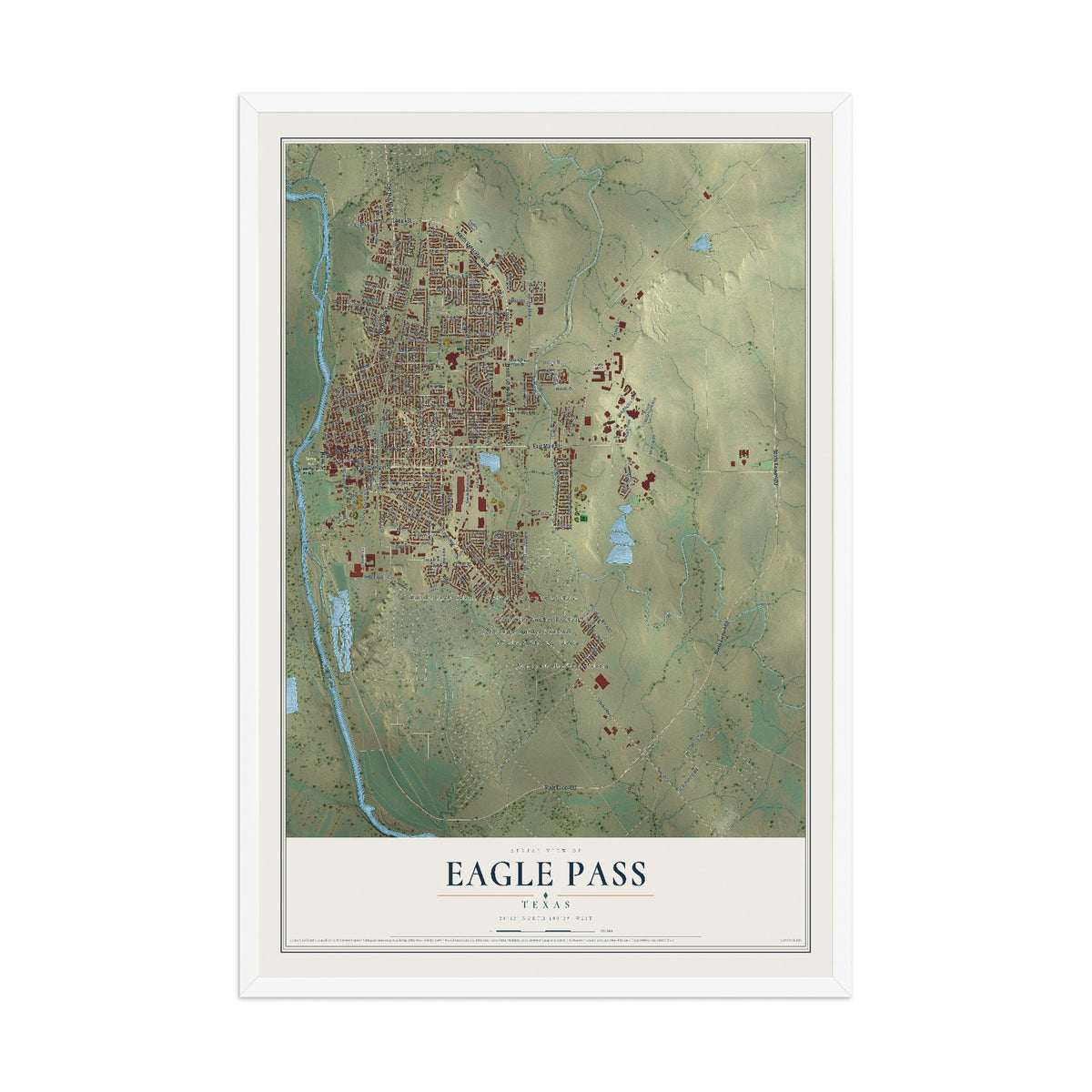 Map of Eagle Pass, Texas, 12 x 18 inch print in a white wood frame