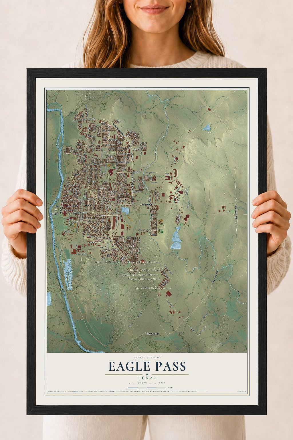 Map of Eagle Pass, Texas, 18 x 24 inch print in a black wood frame