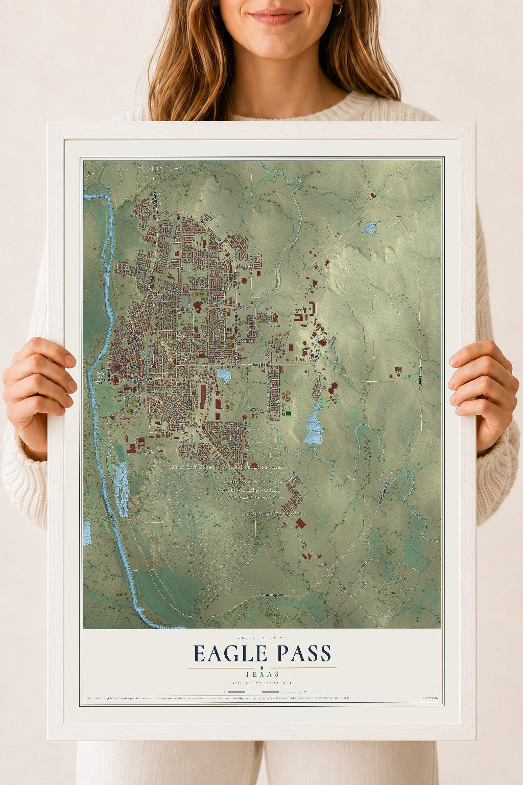Map of Eagle Pass, Texas, 18 x 24 inch print in a white wood frame