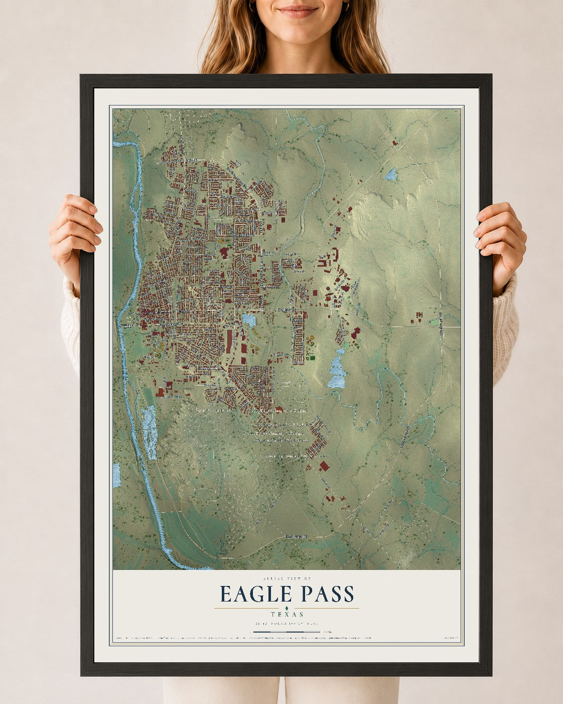 Map of Eagle Pass, Texas, 24 x 36 inch print in a black wood frame