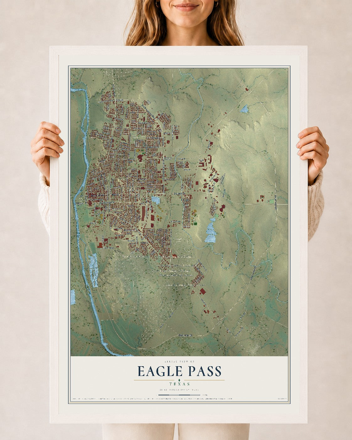 Map of Eagle Pass, Texas, 24 x 36 inch print in a white wood frame