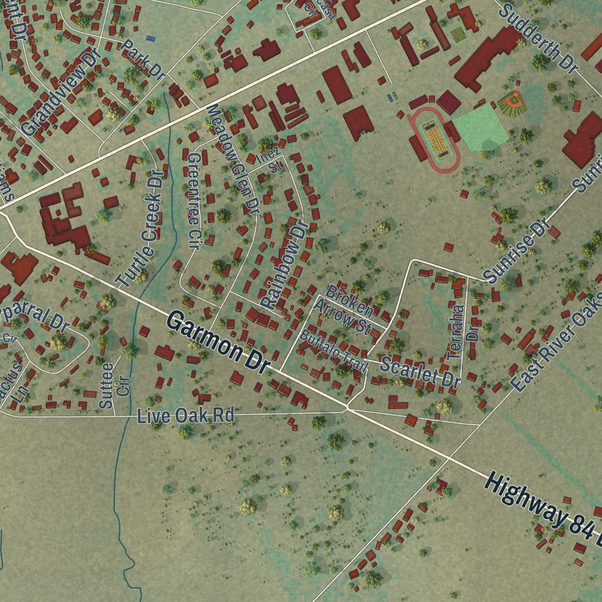 Close-up of the map of Early, Texas print showing street and building detail