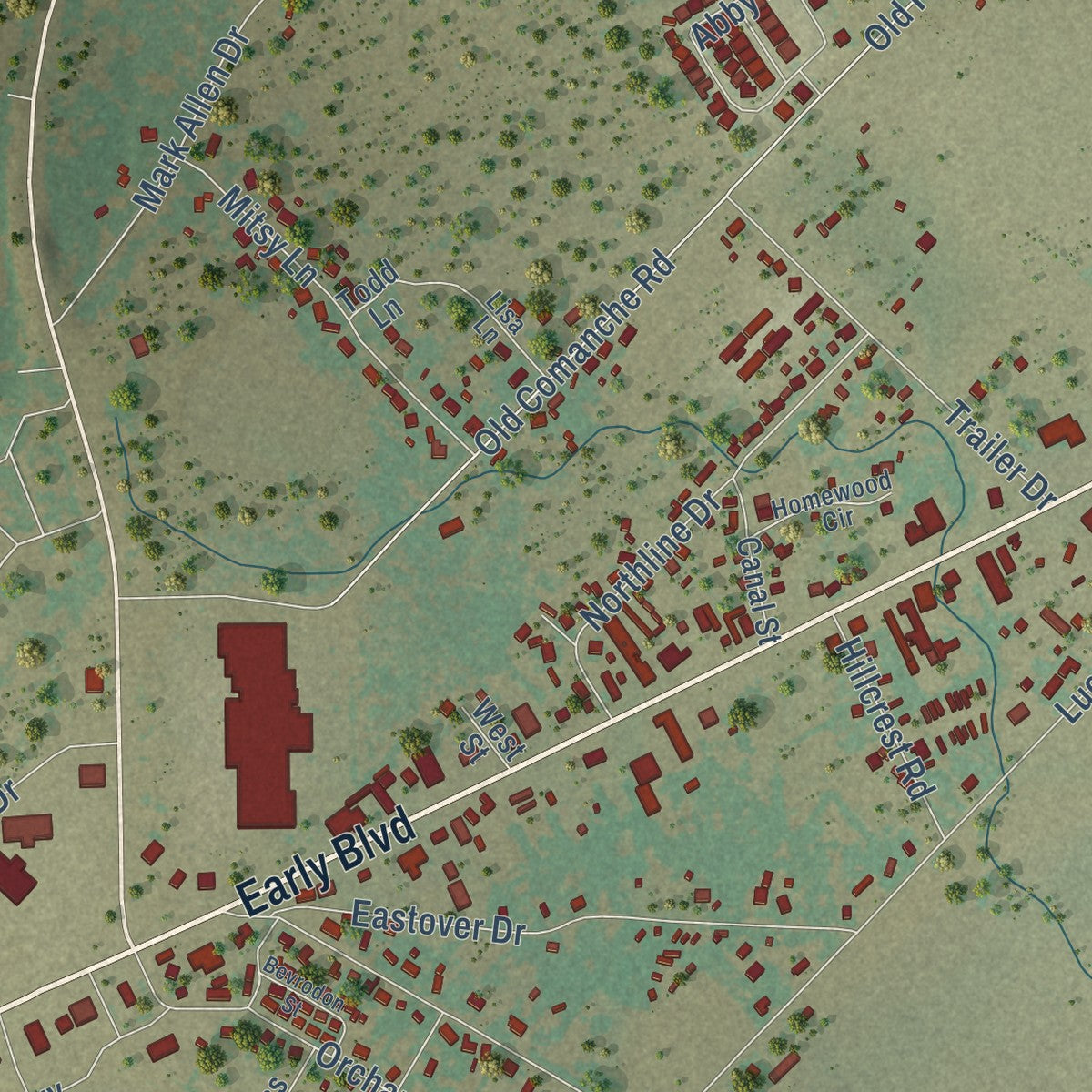 Second close-up of the map of Early, Texas print showing more streets and buildings