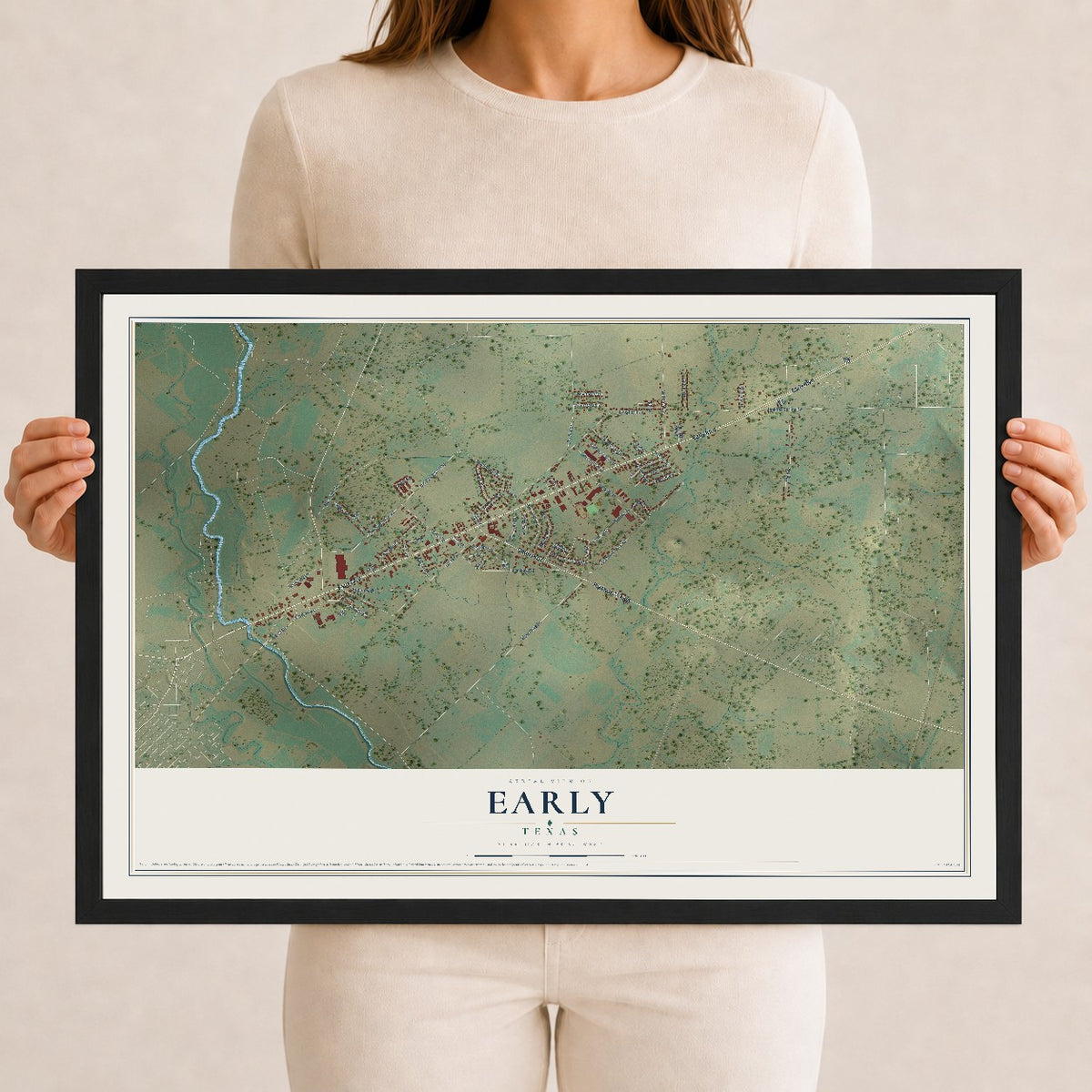Map of Early, Texas, 12 x 18 inch print in a black wood frame