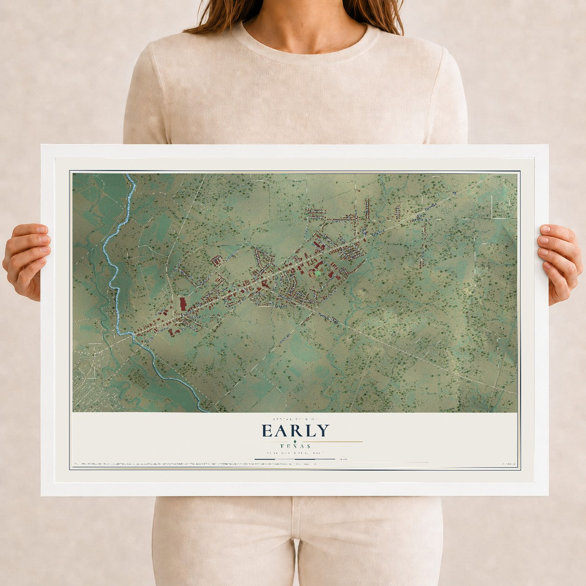 Map of Early, Texas, 12 x 18 inch print in a white wood frame