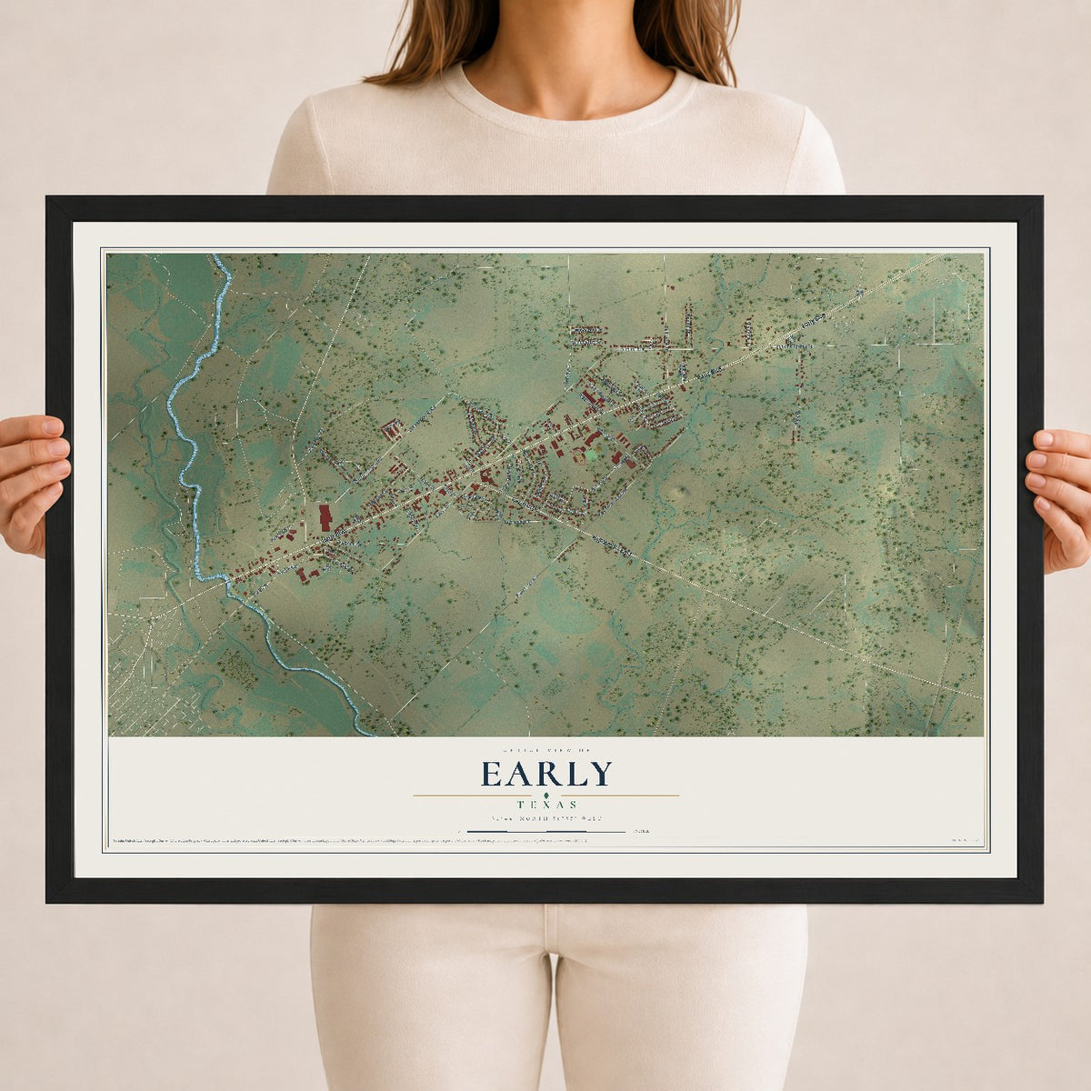 Map of Early, Texas, 18 x 24 inch print in a black wood frame