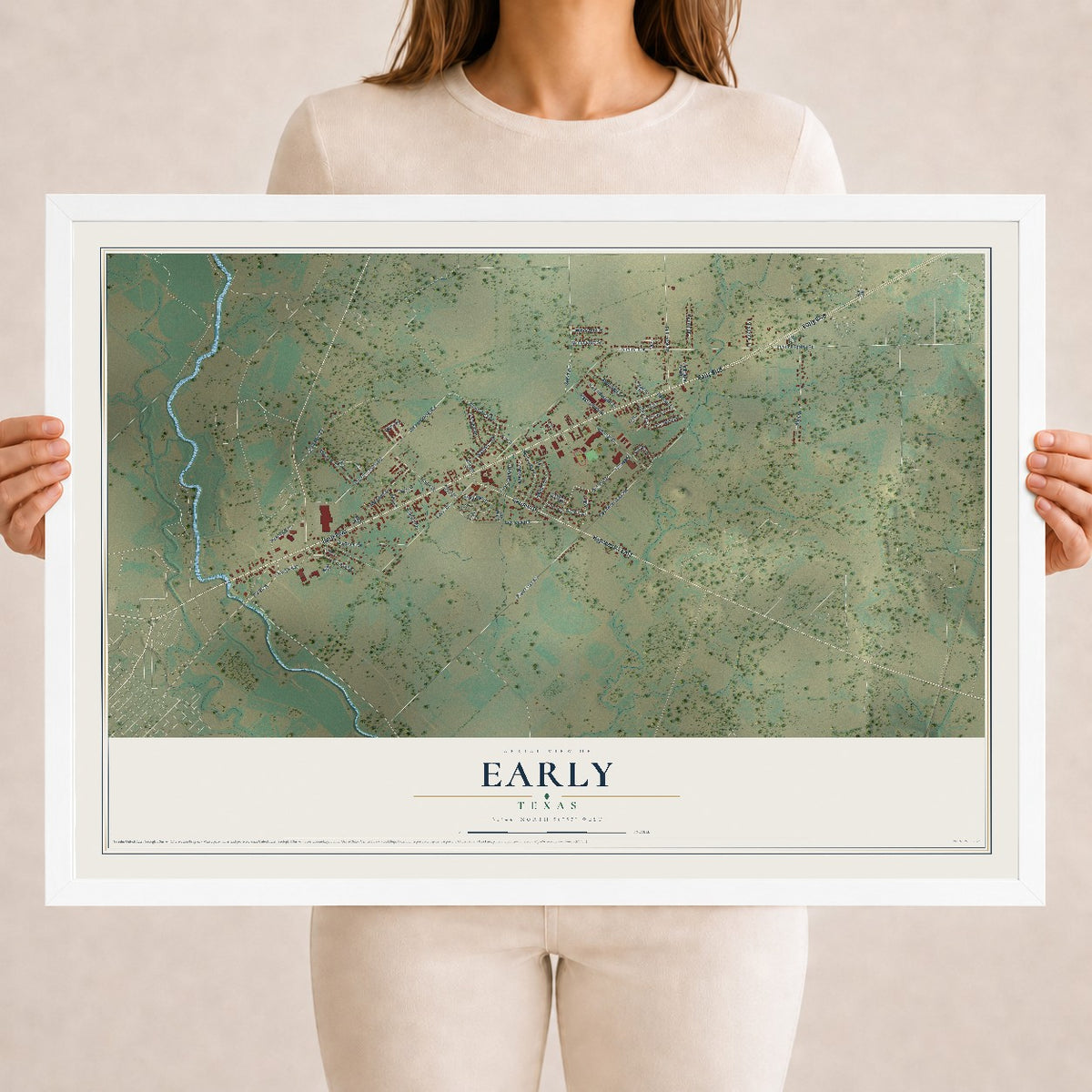 Map of Early, Texas, 18 x 24 inch print in a white wood frame
