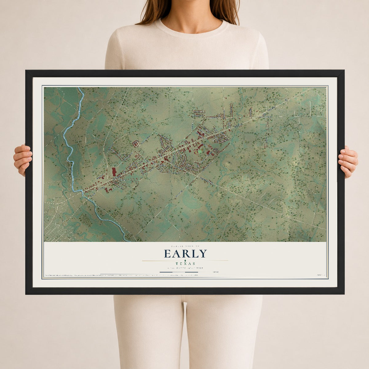 Map of Early, Texas, 24 x 36 inch print in a black wood frame