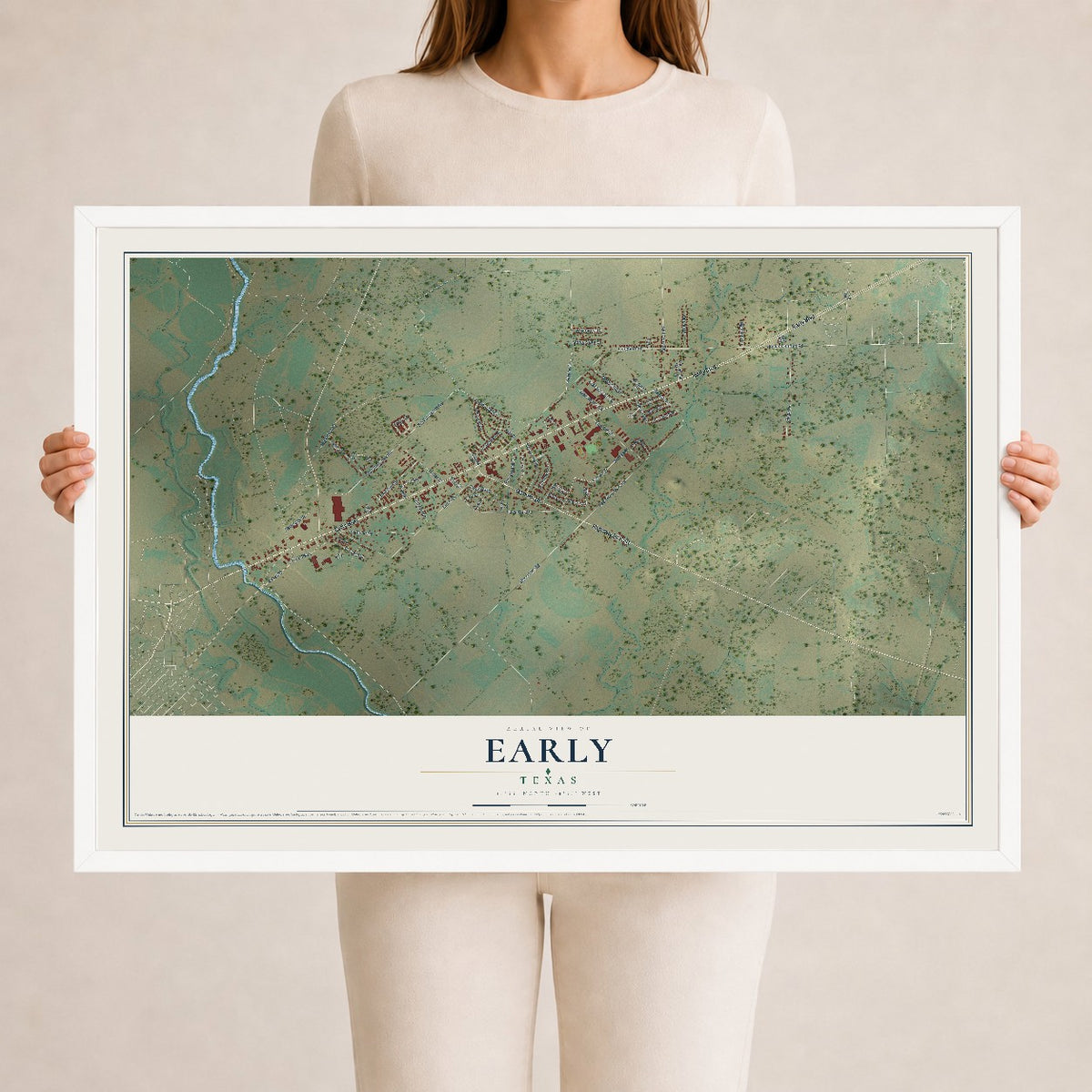 Map of Early, Texas, 24 x 36 inch print in a white wood frame