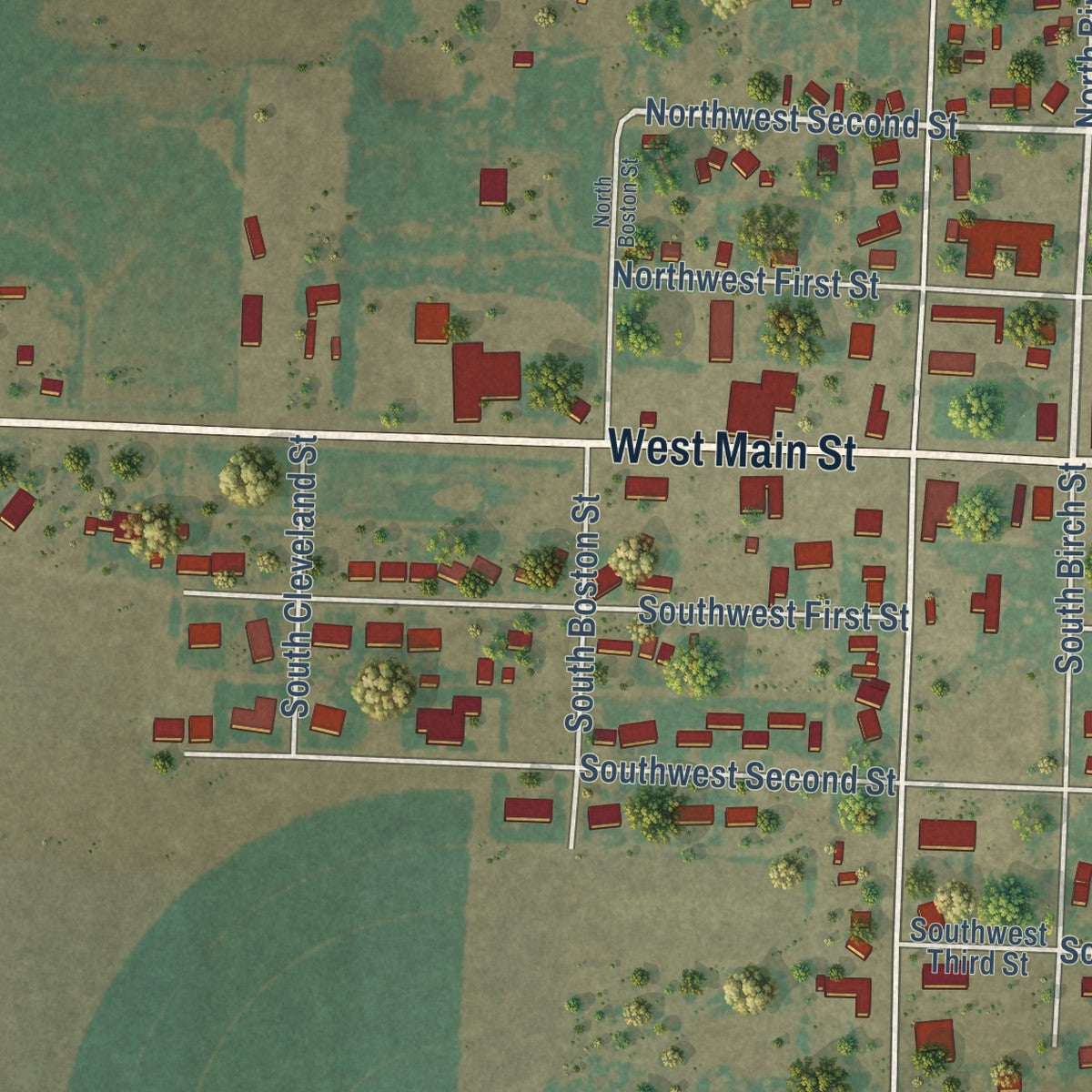 Second close-up of the map of Earth, Texas print showing more streets and buildings
