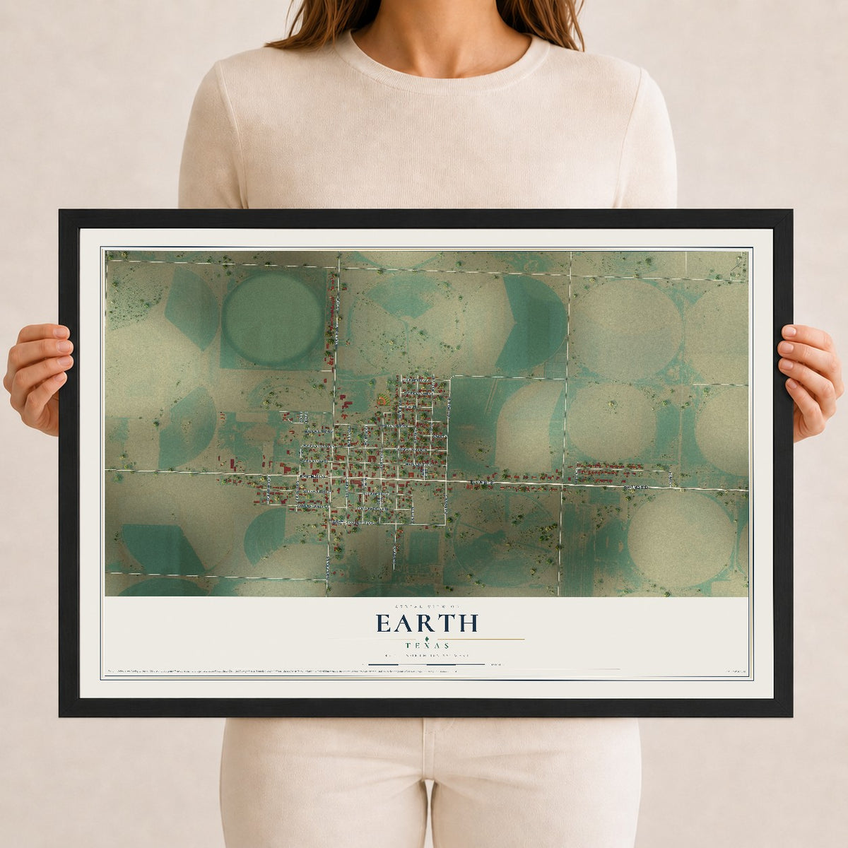 Map of Earth, Texas, 12 x 18 inch print in a black wood frame