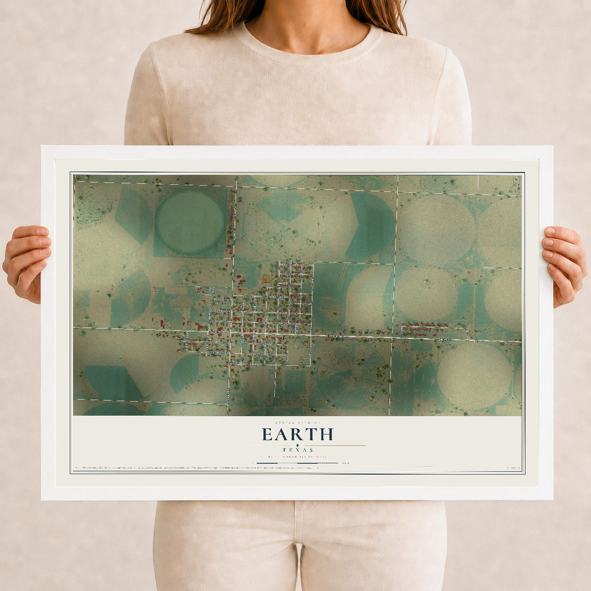 Map of Earth, Texas, 12 x 18 inch print in a white wood frame
