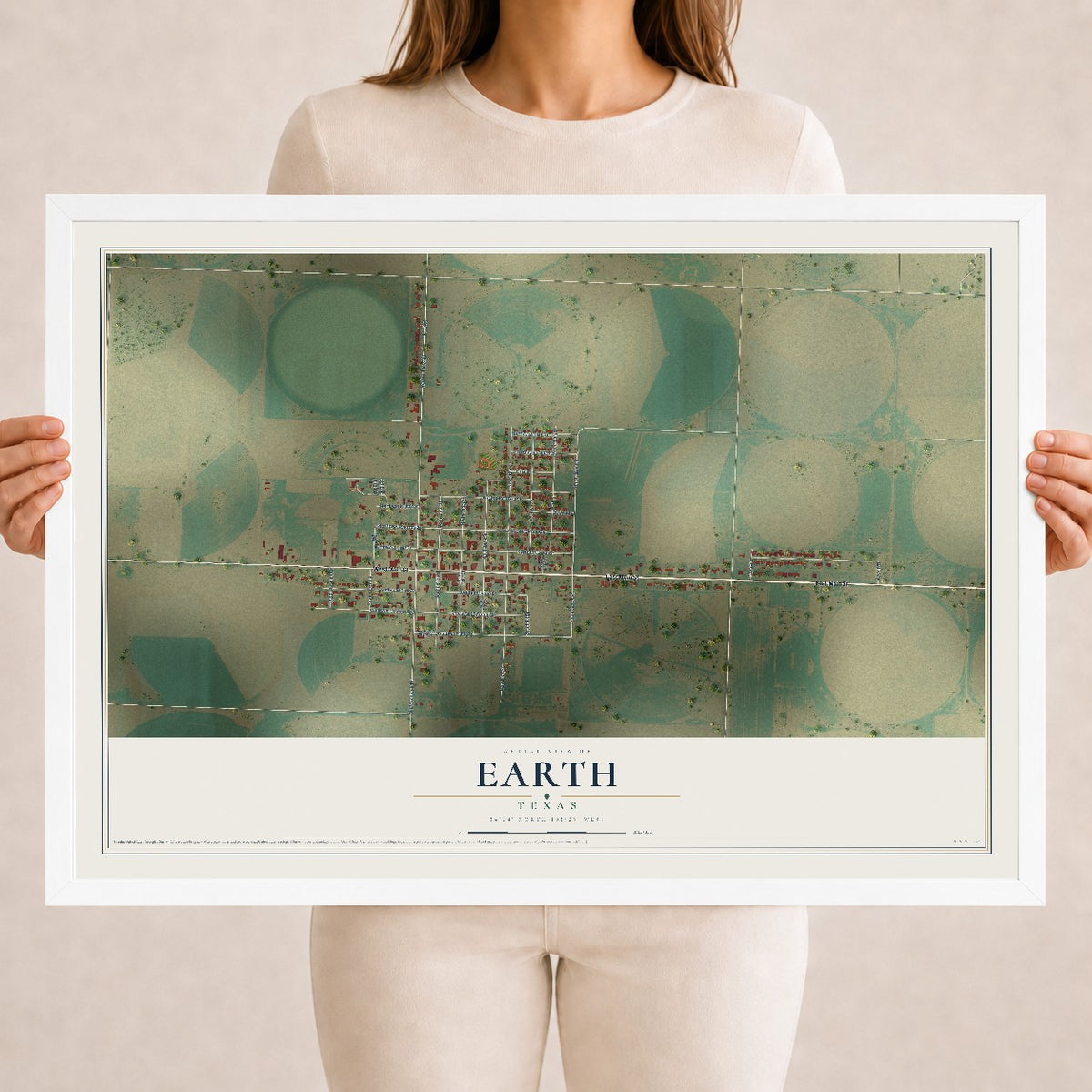 Map of Earth, Texas, 18 x 24 inch print in a white wood frame