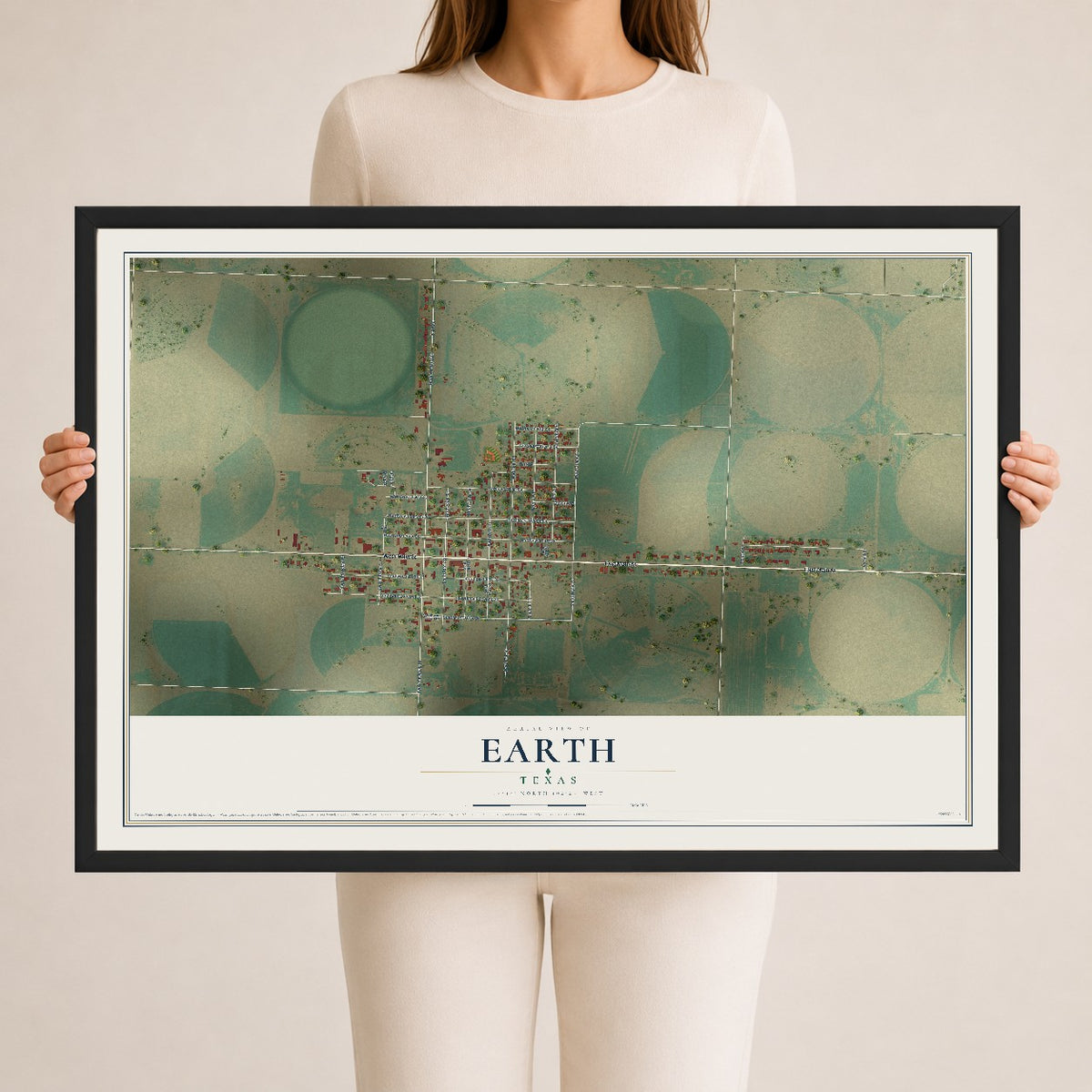 Map of Earth, Texas, 24 x 36 inch print in a black wood frame
