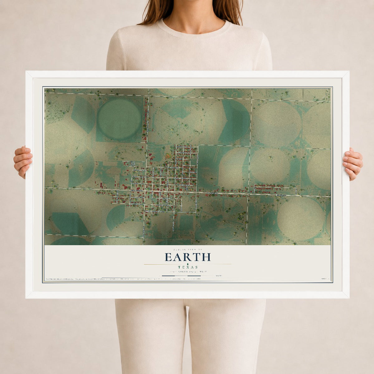 Map of Earth, Texas, 24 x 36 inch print in a white wood frame