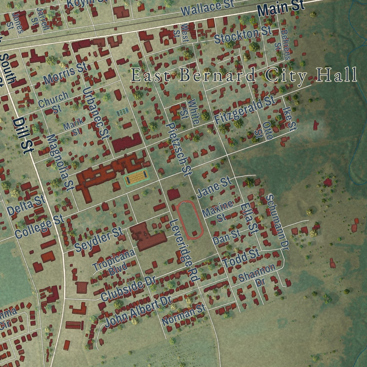 Close-up of the map of East Bernard, Texas print showing street and building detail