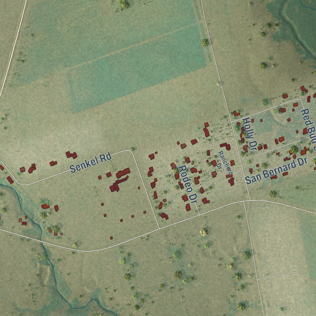 Second close-up of the map of East Bernard, Texas print showing more streets and buildings