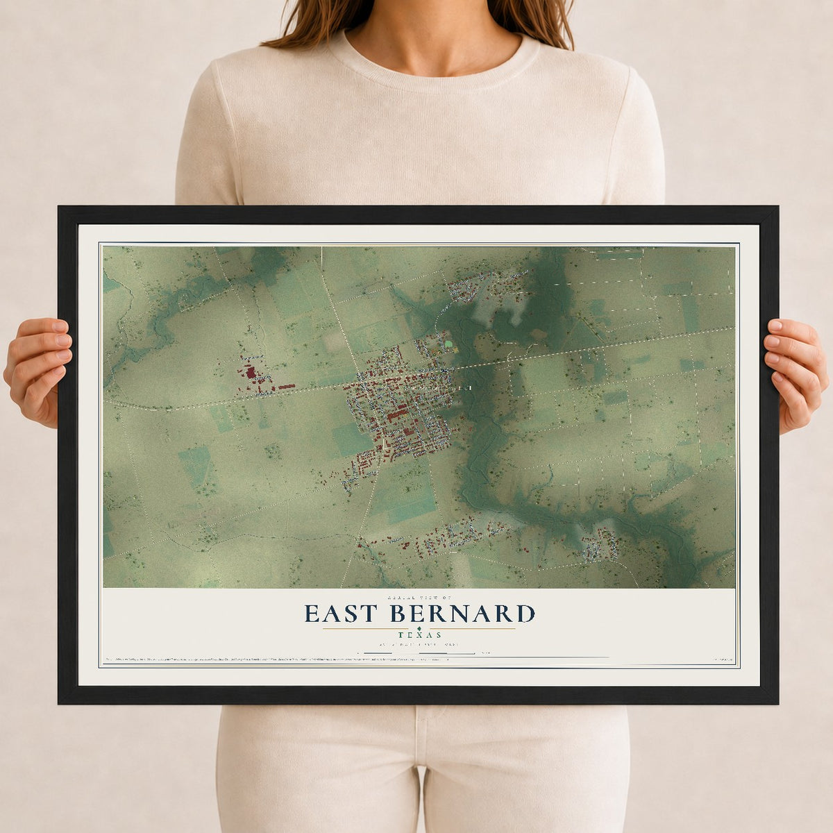 Map of East Bernard, Texas, 12 x 18 inch print in a black wood frame