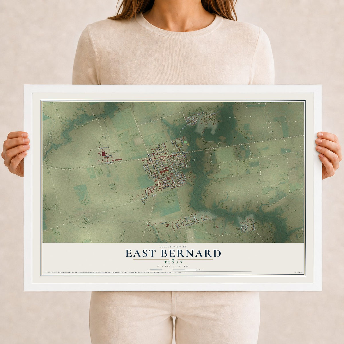 Map of East Bernard, Texas, 12 x 18 inch print in a white wood frame