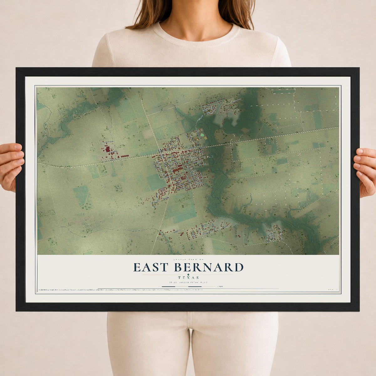Map of East Bernard, Texas, 18 x 24 inch print in a black wood frame