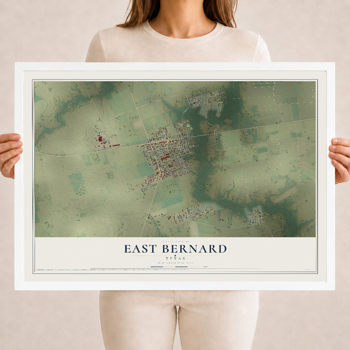 Map of East Bernard, Texas, 18 x 24 inch print in a white wood frame