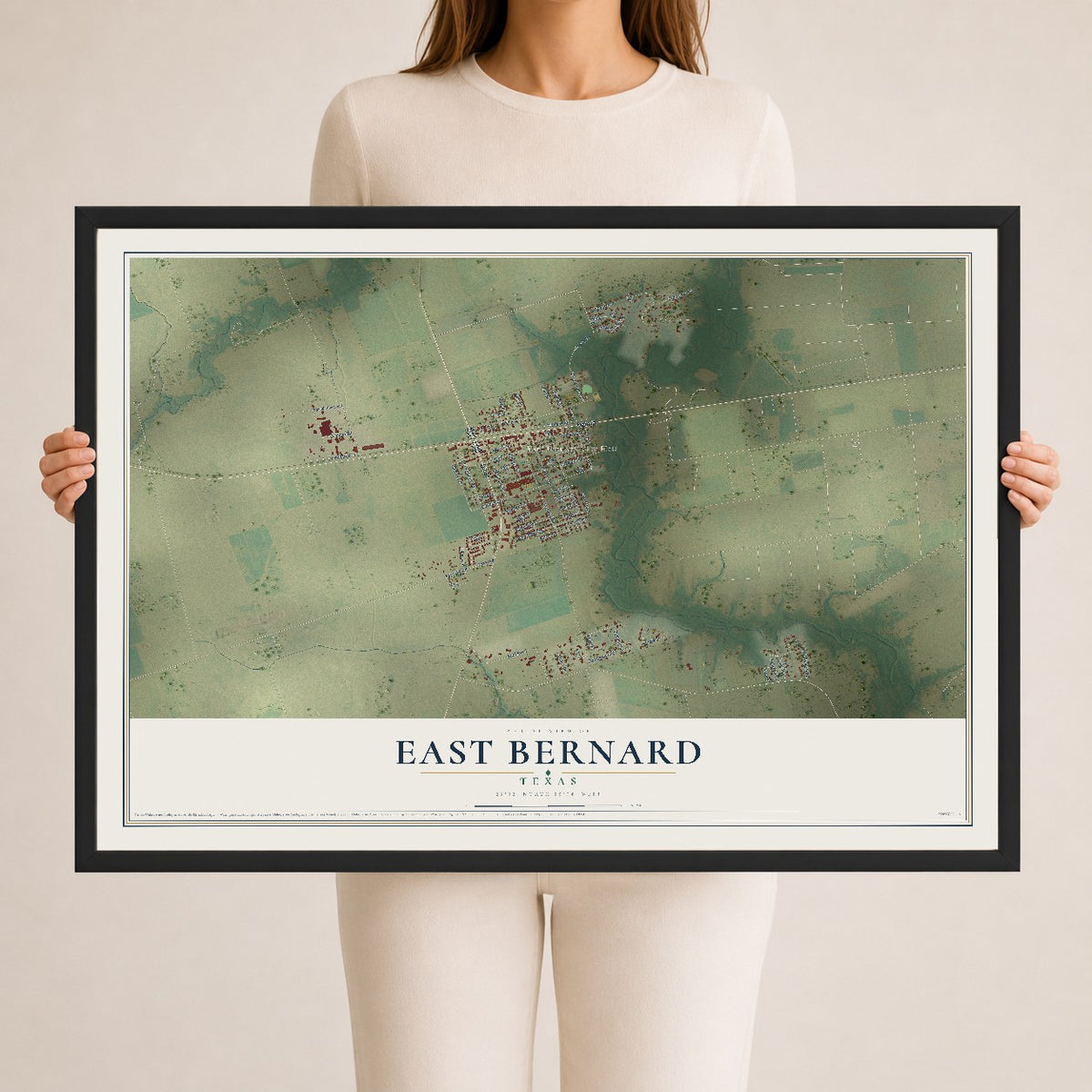 Map of East Bernard, Texas, 24 x 36 inch print in a black wood frame