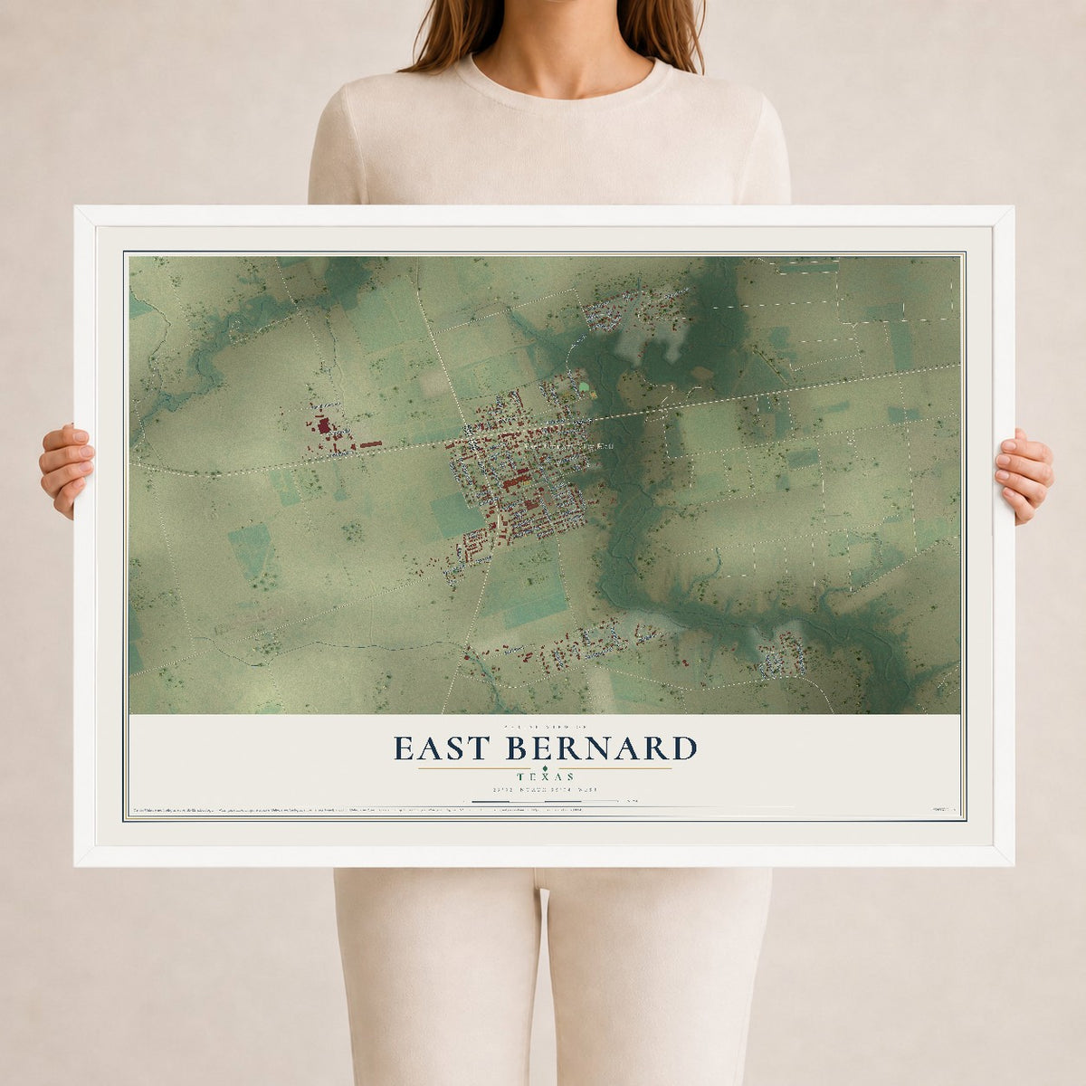 Map of East Bernard, Texas, 24 x 36 inch print in a white wood frame