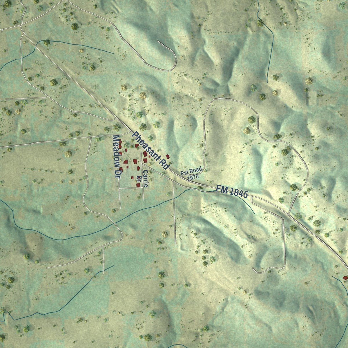 Close-up of the map of East Mountain, Texas print showing street and building detail