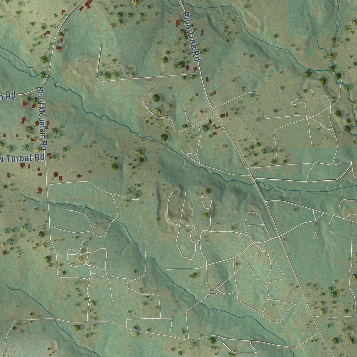 Second close-up of the map of East Mountain, Texas print showing more streets and buildings