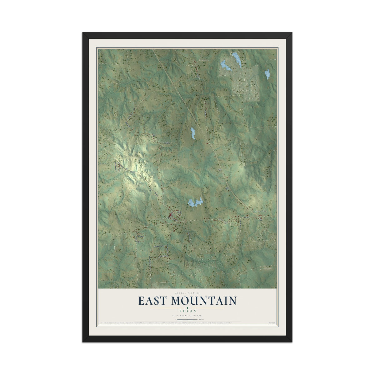 Map of East Mountain, Texas, 12 x 18 inch print in a black wood frame