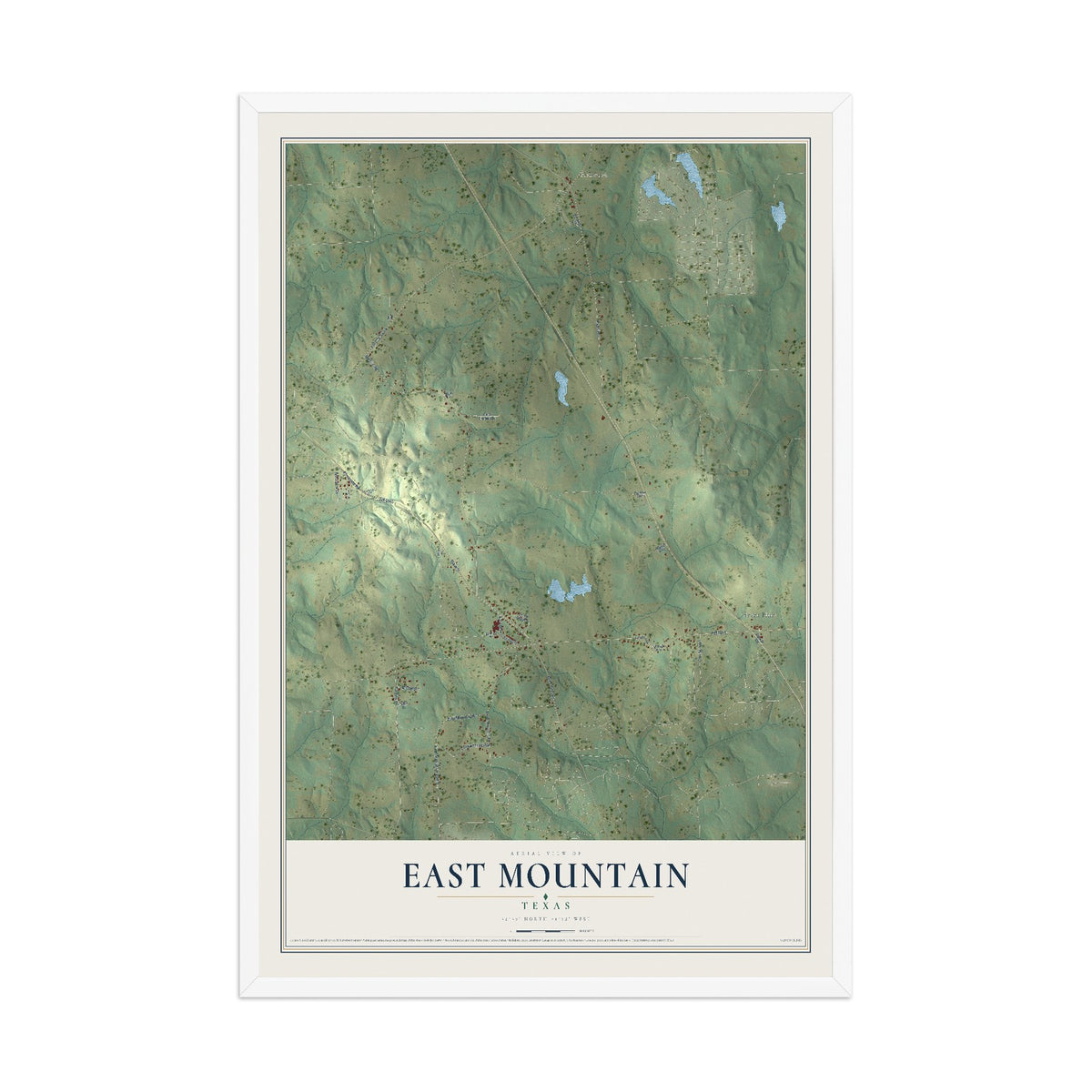 Map of East Mountain, Texas, 12 x 18 inch print in a white wood frame