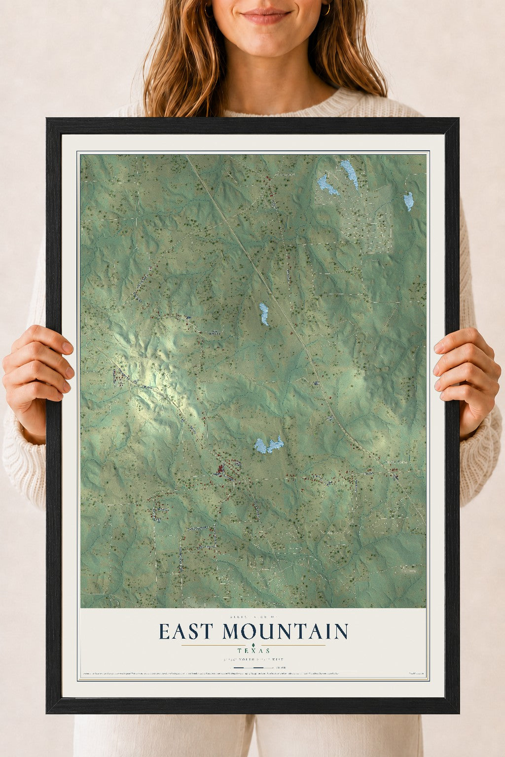 Map of East Mountain, Texas, 18 x 24 inch print in a black wood frame