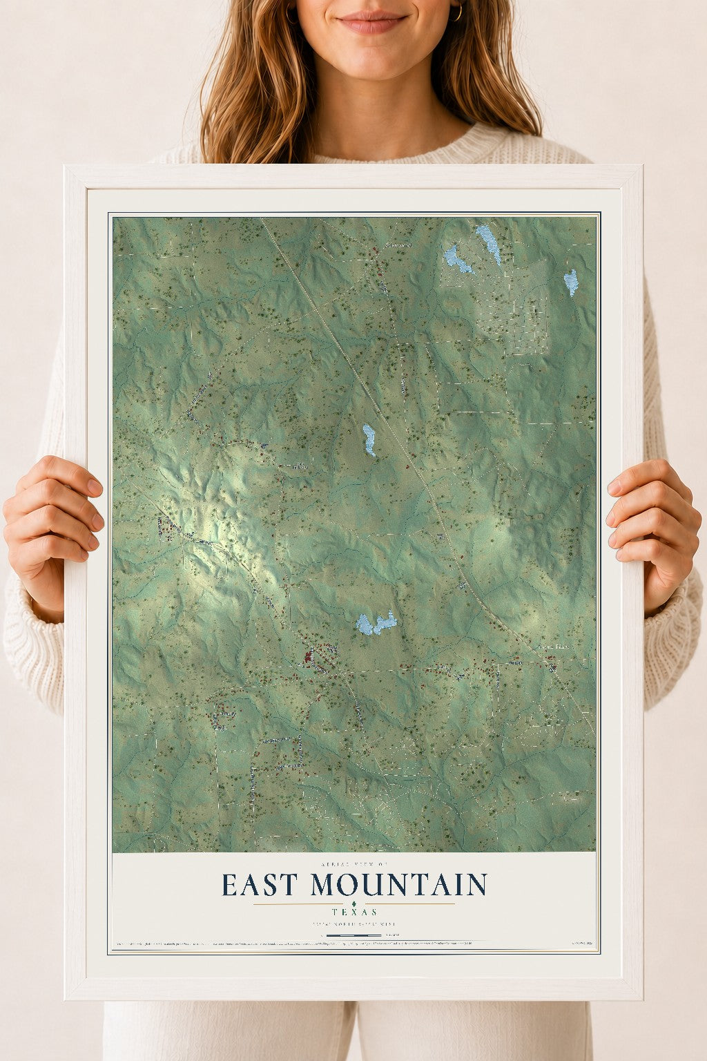 Map of East Mountain, Texas, 18 x 24 inch print in a white wood frame