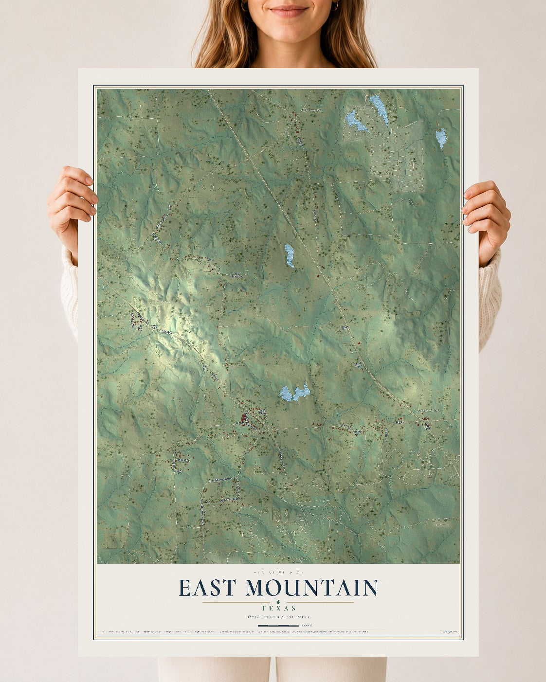 Map of East Mountain, Texas, 24 x 36 inch unframed archival matte print