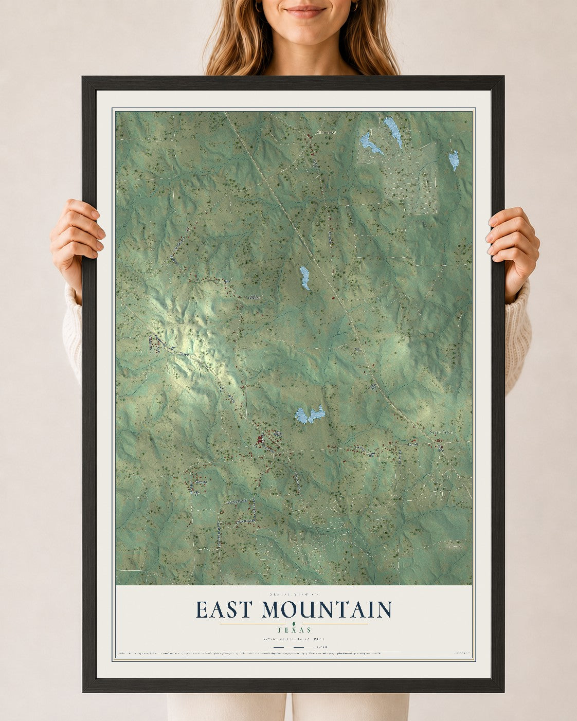 Map of East Mountain, Texas, 24 x 36 inch print in a black wood frame