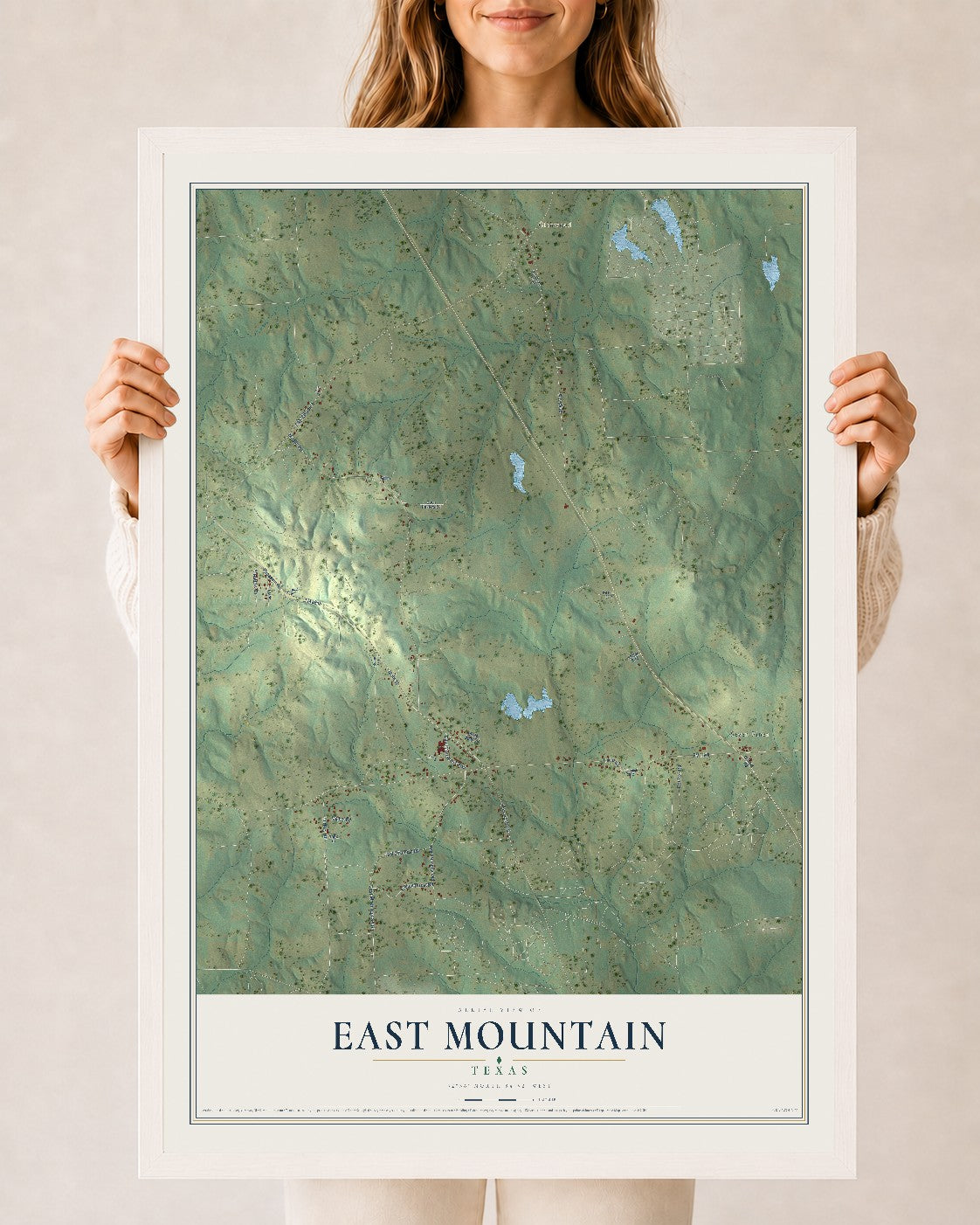 Map of East Mountain, Texas, 24 x 36 inch print in a white wood frame