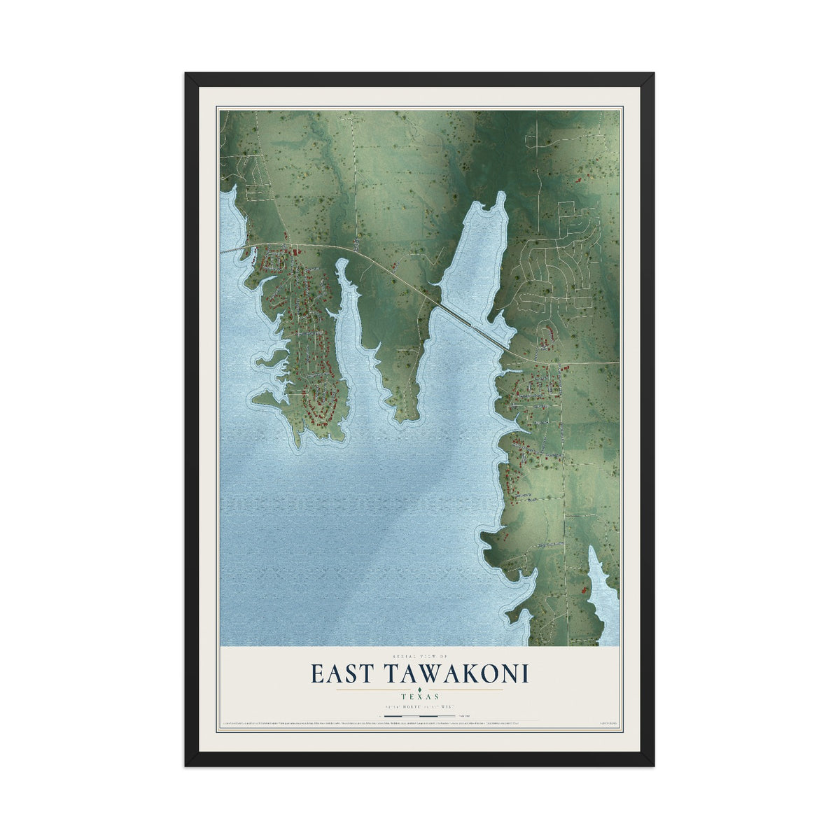 Map of East Tawakoni, Texas, 12 x 18 inch print in a black wood frame