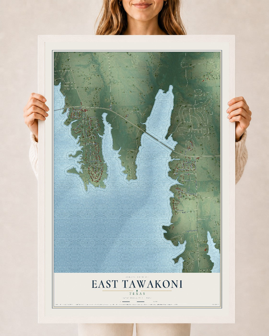 Map of East Tawakoni, Texas, 24 x 36 inch print in a white wood frame
