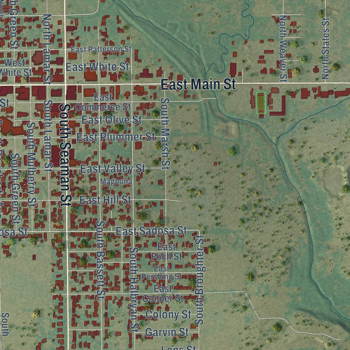 Second close-up of the map of Eastland, Texas print showing more streets and buildings