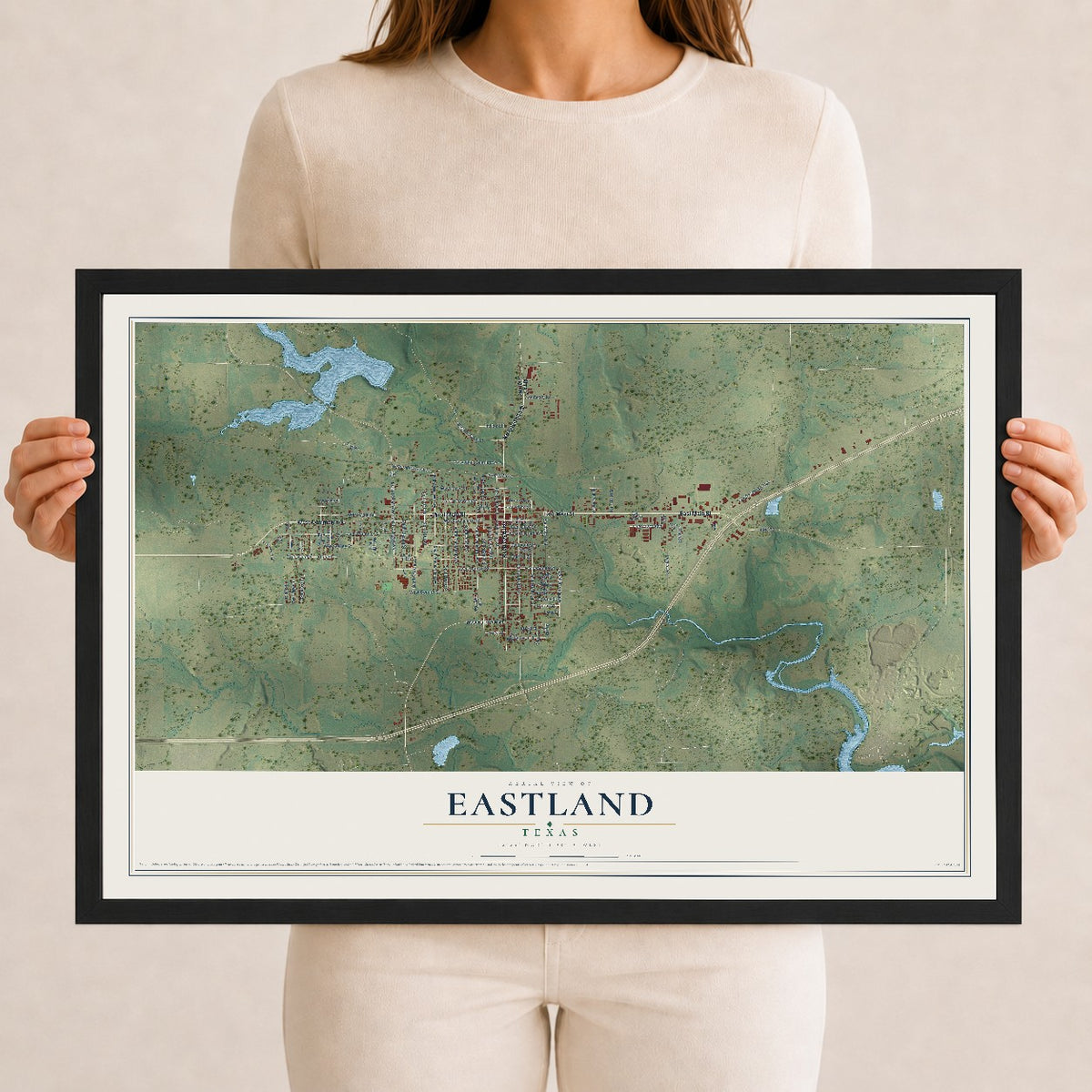 Map of Eastland, Texas, 12 x 18 inch print in a black wood frame