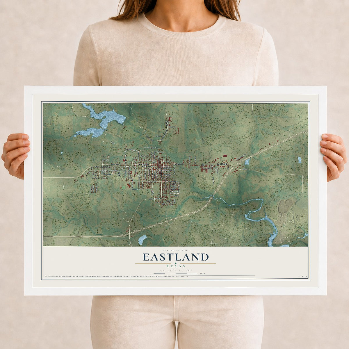 Map of Eastland, Texas, 12 x 18 inch print in a white wood frame