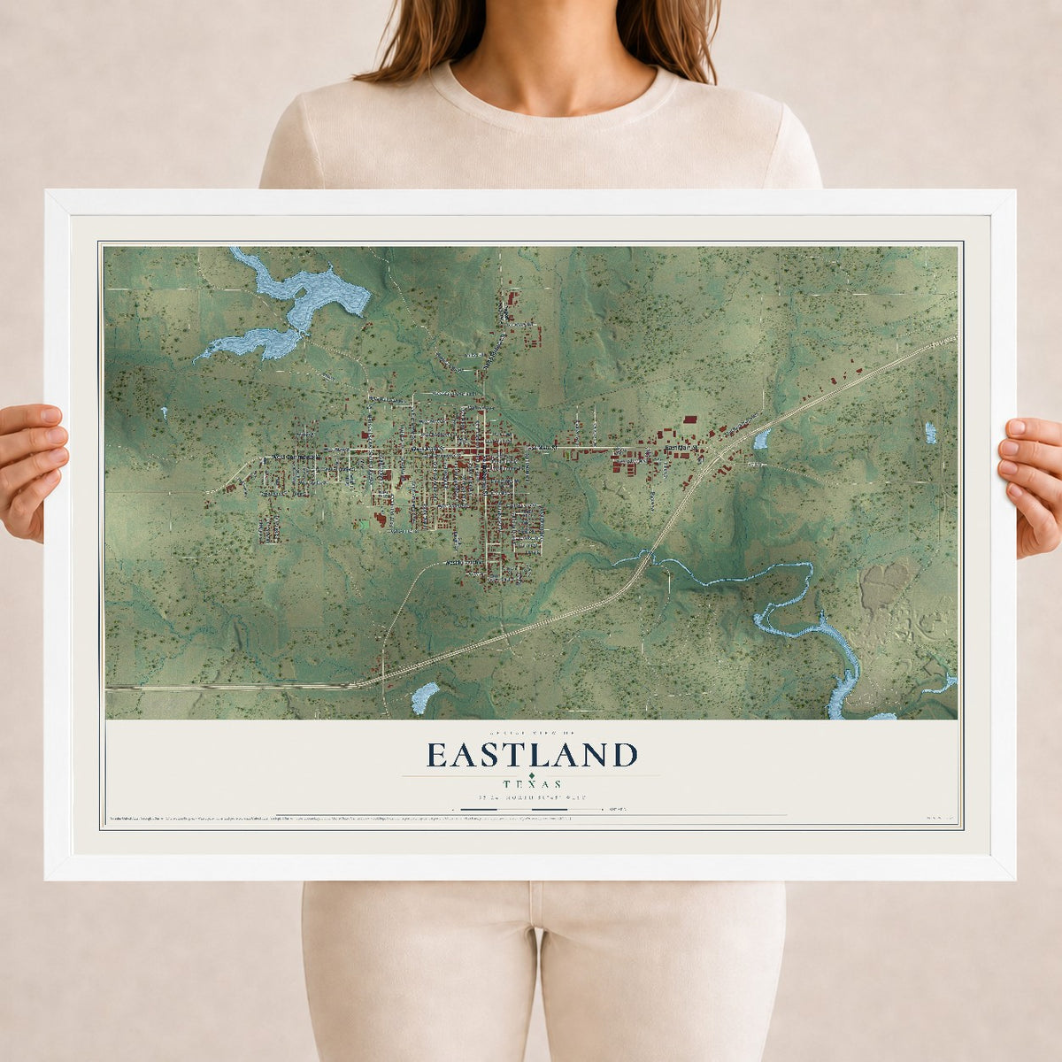 Map of Eastland, Texas, 18 x 24 inch print in a white wood frame