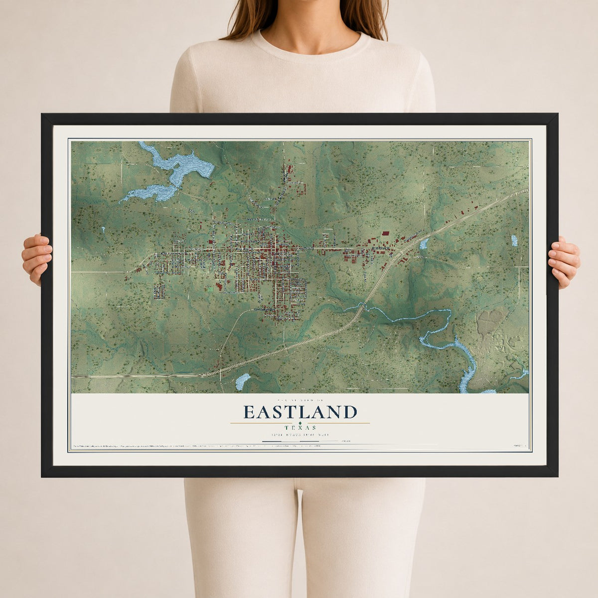 Map of Eastland, Texas, 24 x 36 inch print in a black wood frame