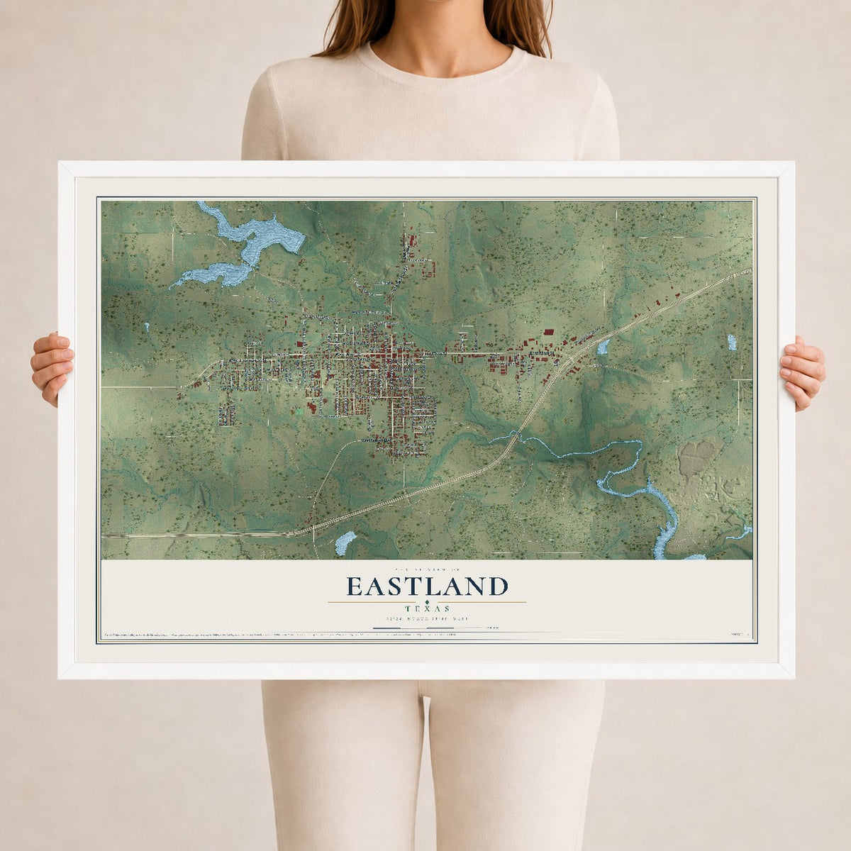 Map of Eastland, Texas, 24 x 36 inch print in a white wood frame